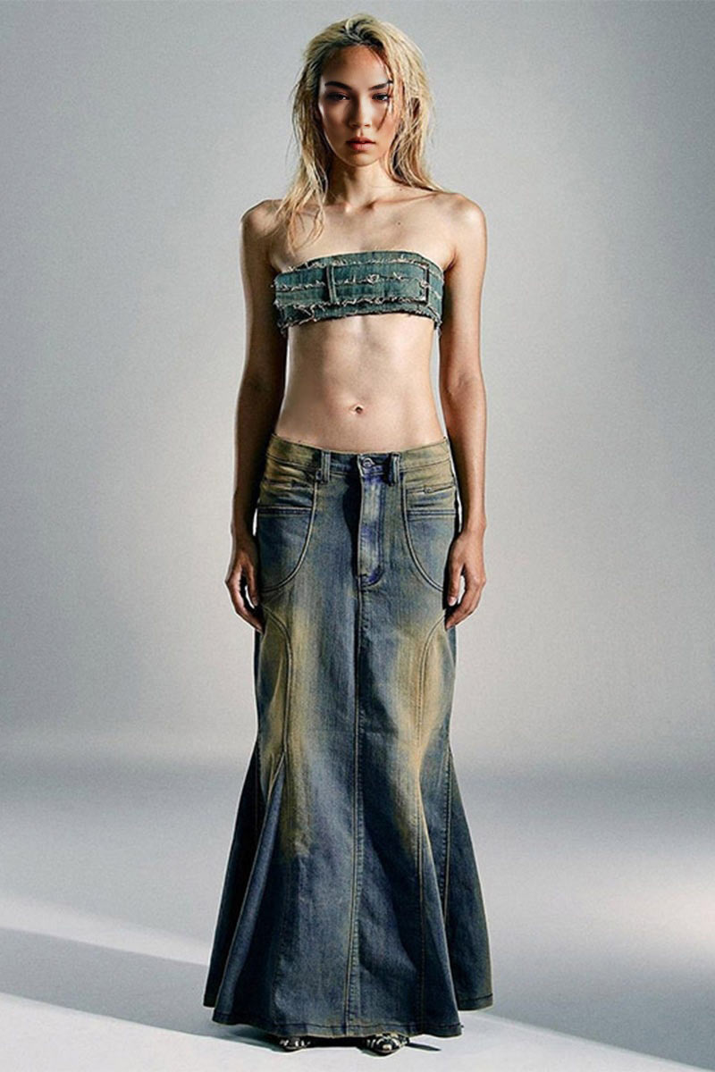 QF0170 Vintage Denim Long Skirt