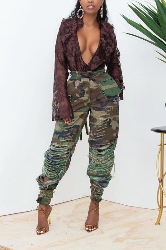 Ripped Cutout Camo Long Pants PS706