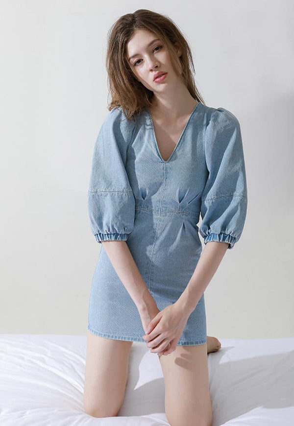 BC660 Balloon Sleeves Denim Dress