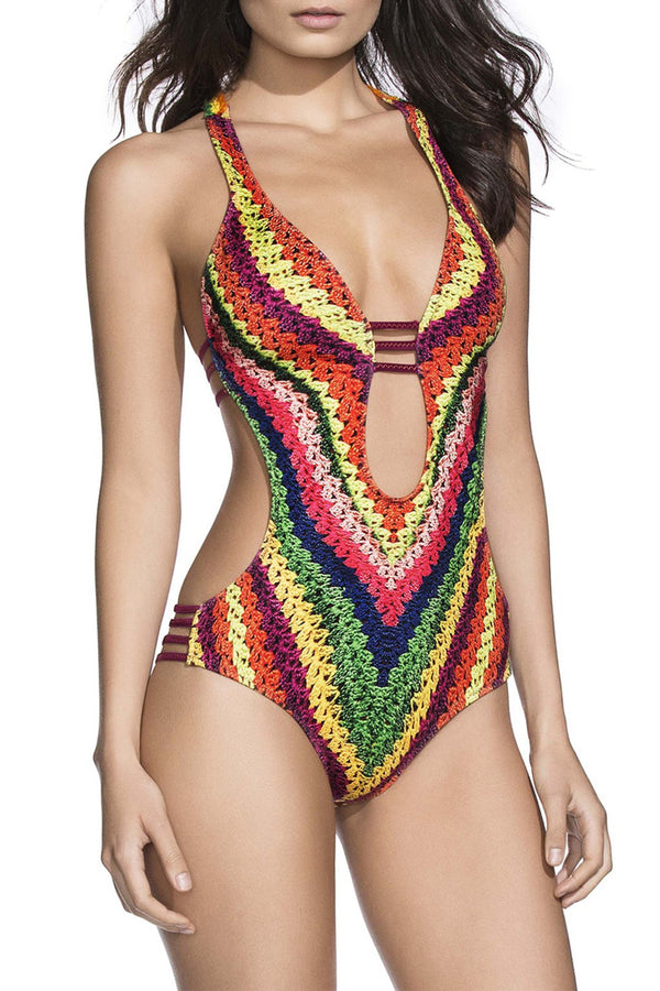 SD672 Rainbow Cutout String High-Leg One-Piece Swimsuit