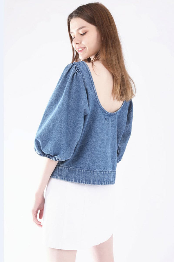 TC659 Backless Lantern Sleeve Denim Blouse