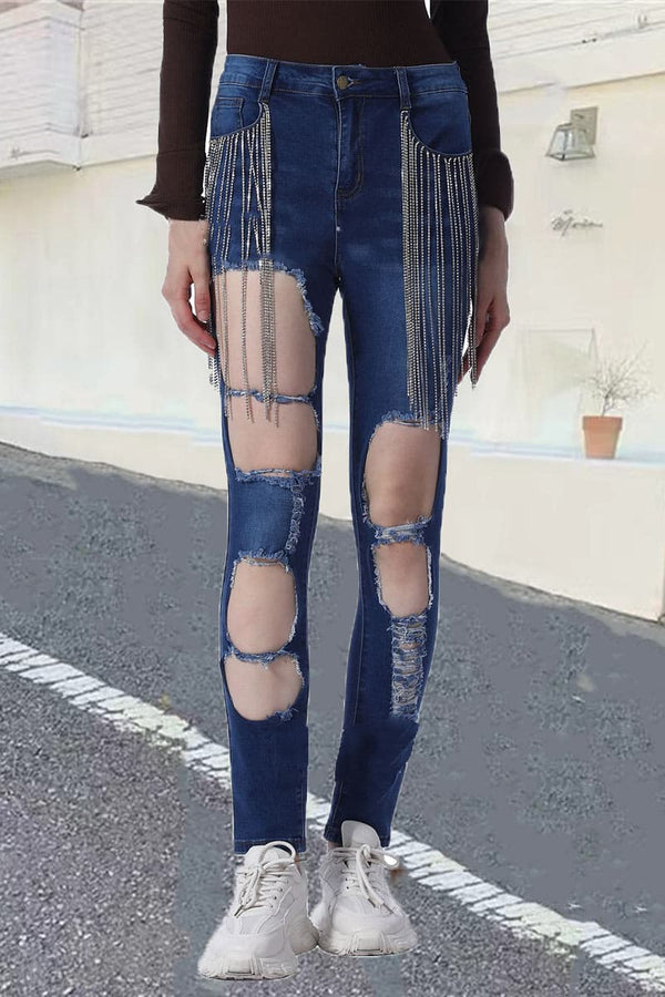 PA470 Rhinestones Cutout Jeans