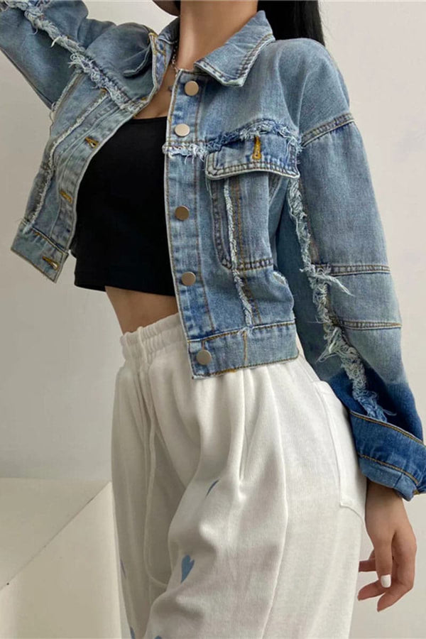 CA652 Retro Raw Stitching Denim Crop Jacket