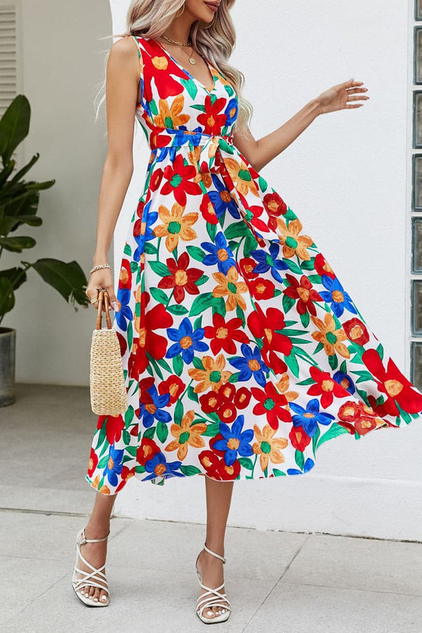 BB657 Multi Colour Flower Print Midi Dress