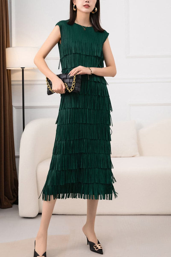 BC223 Sleeveless Fringes Midi Dress