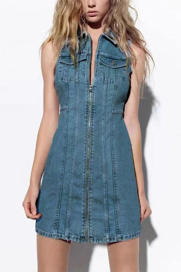 BD734 A-Line Zip-Up Polo Denim Mini Dress