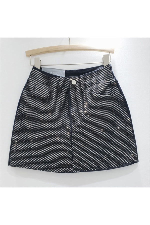 QD218 Rhinestones Denim Short Skirt