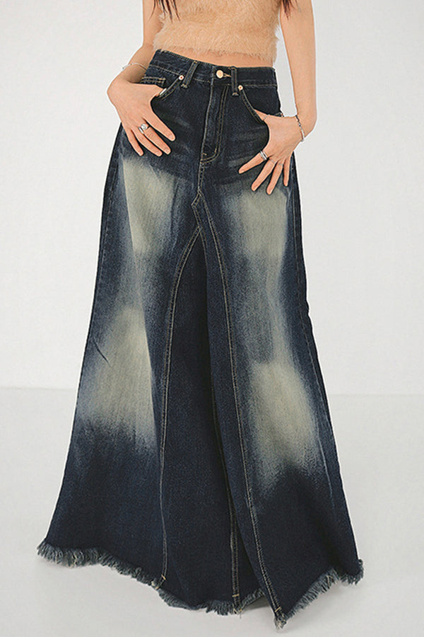 BD802 High-Rise Zip-Up Fringe A-Line Denim Maxi Skirt