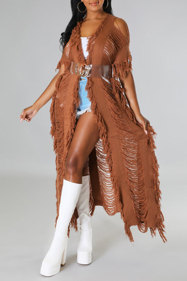 TD948 Cutout Fringe Cover-Up Kimono Top