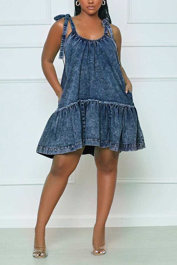 BD1078 Solid Strap Puffle Denim Mini Dress