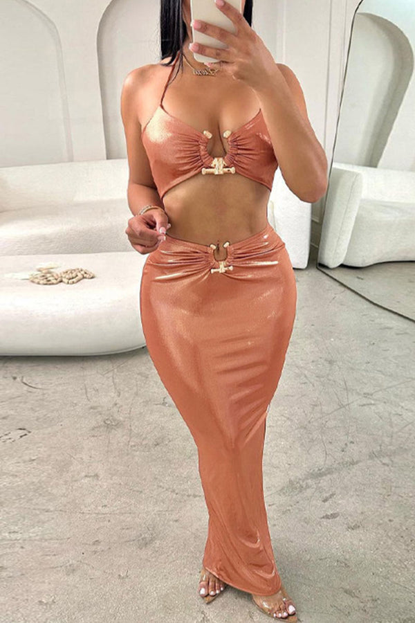 BD1139 Metallic Halter Crop Cutout Maxi Dress