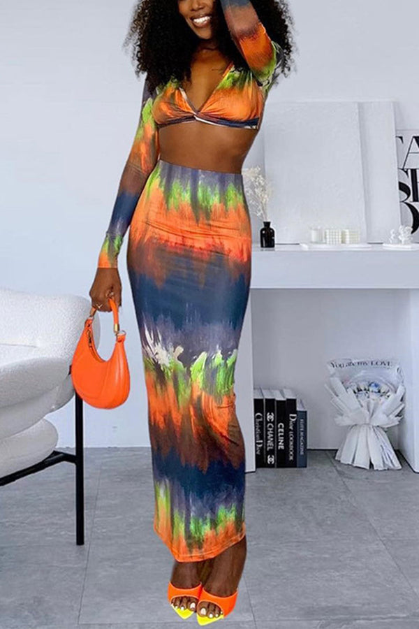 UE722 Ombre Crop V Neck Top and Maxi Pencil Skirt Set