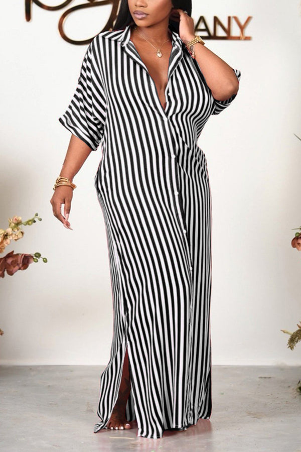 BE728 Split Striped Maxi Dress