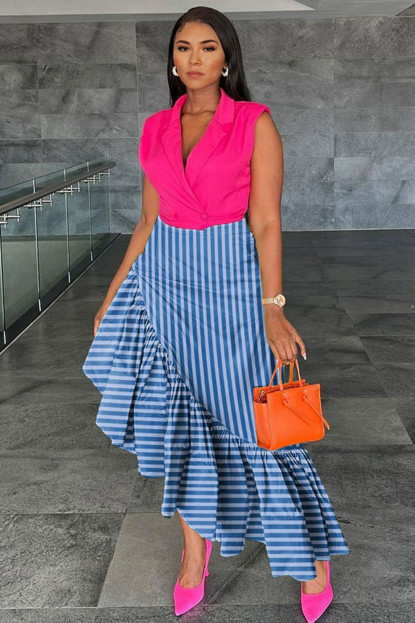 BE779 Zippered Striped Ruffle Maxi Skirt