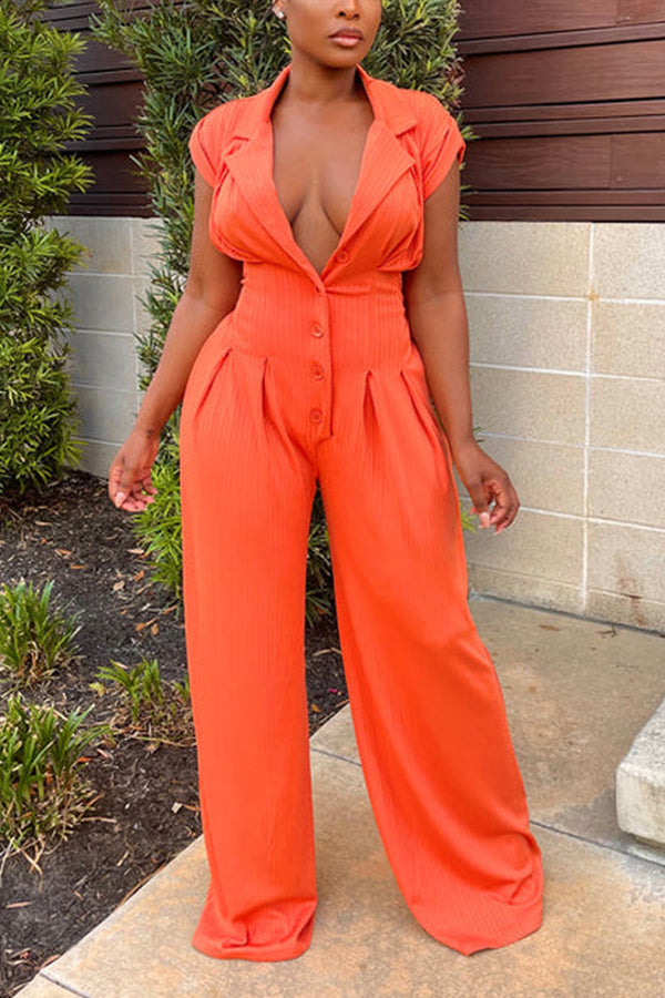 JE775 Button Band Plunging Jumpsuit