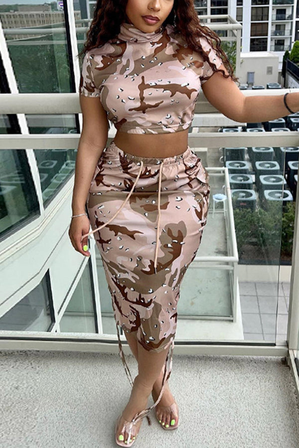 UF642 Camo Crop Top and Midi Skirt Set