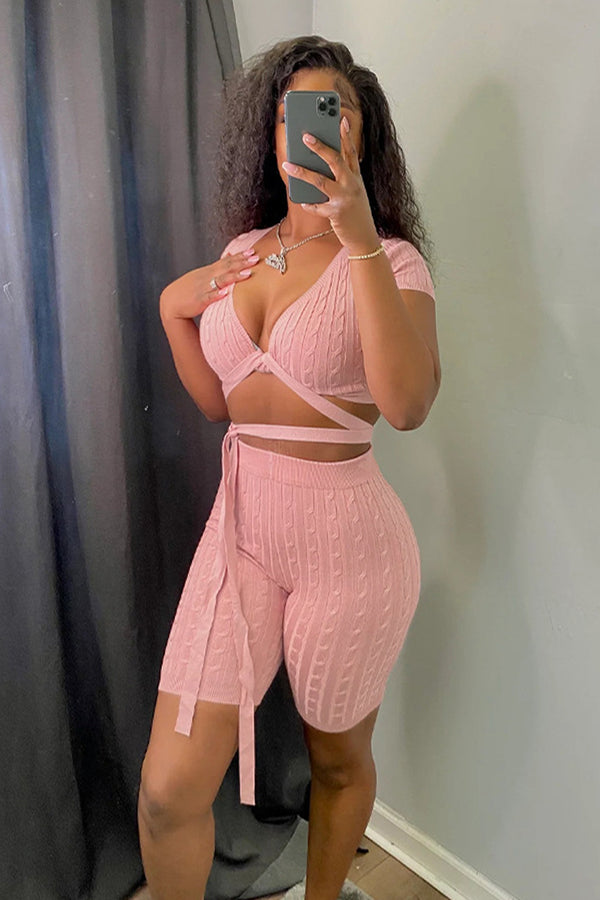 UF669 Strap tight Waist Crop Top and Shorts Set