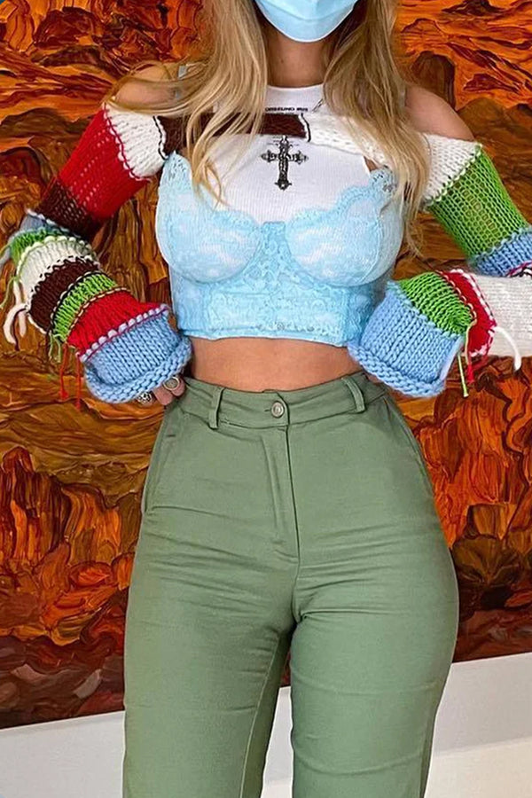 TF713 Crochet Color Knitted Sweater Top