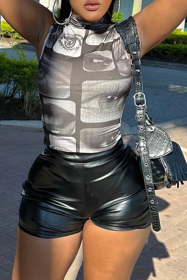 UF782 Graphic Top and PU Leather Shorts Set