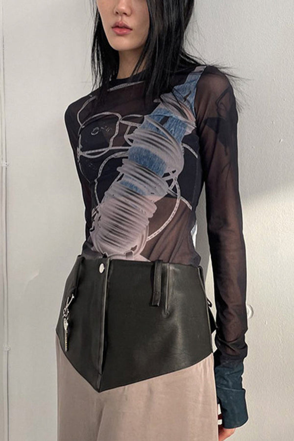 TF830 Graphic See-Through Long Sleeve Top