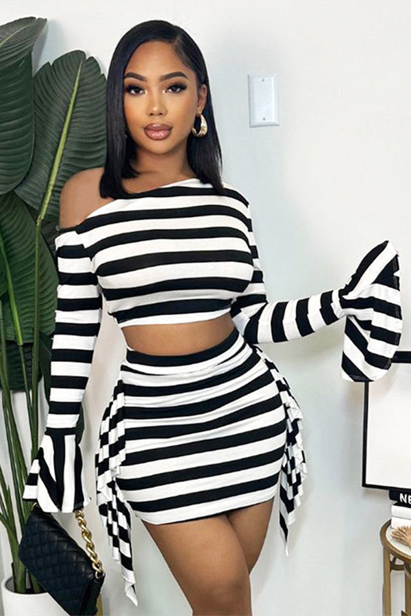 UG614 Striped One-Shoulder Top and Mini Skirt Set