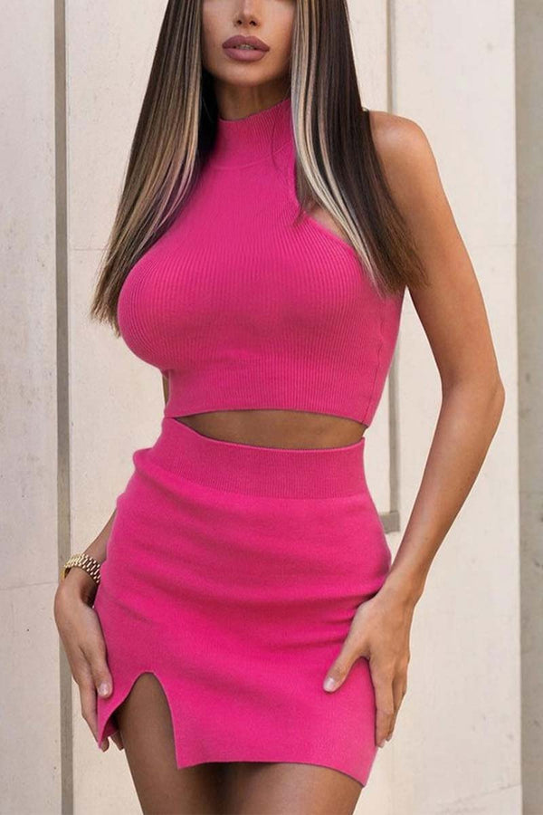 UG705 Turtleneck Sleeveless Top and Mini Skirt Set