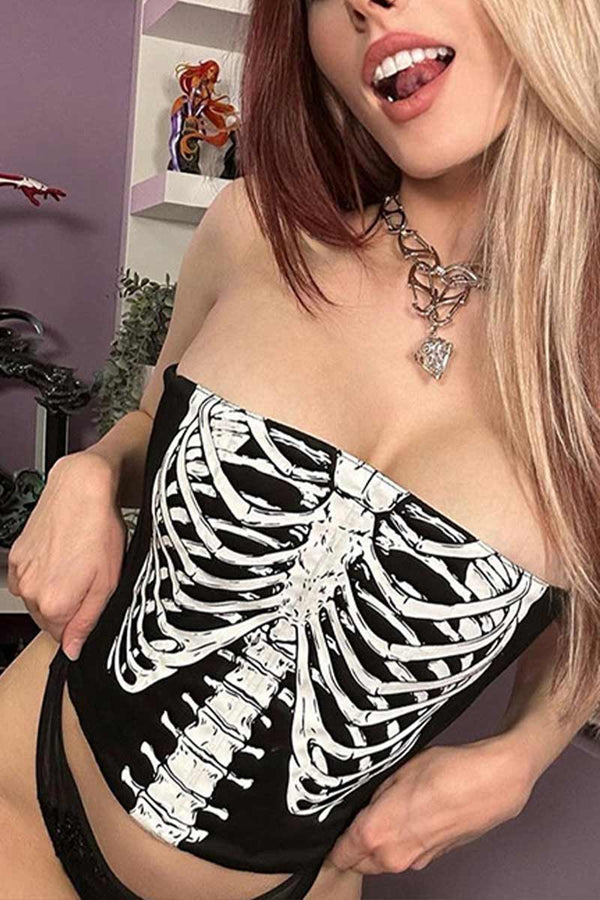 TH680 Skeleton Print Strapless Crop Top