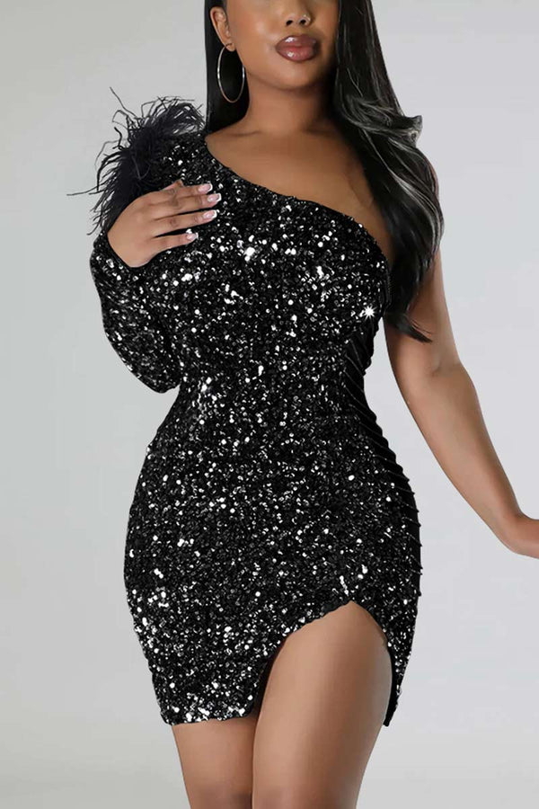 BH670 Sequin One-Shoulder Mini Dress