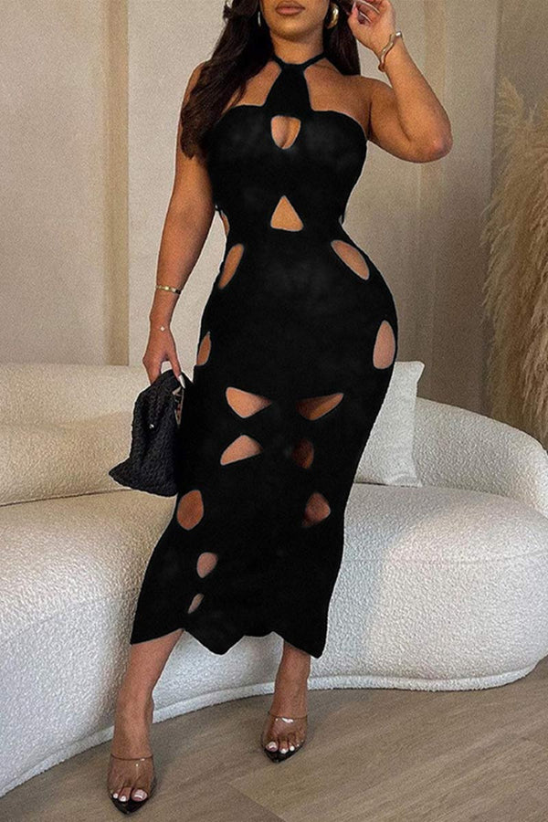 BH693 Halter Pattern Cut-Out Maxi Dress