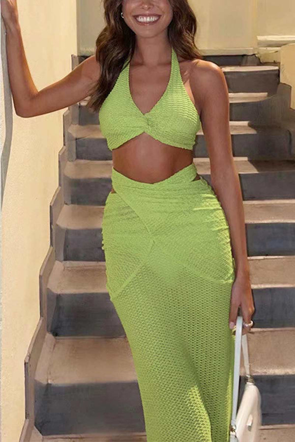 UH799 Mesh Halter Midriff Top and Maxi Skirt Set