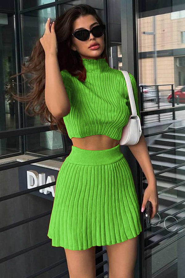 UH815 Rib Knit Crop Top and Pleated Mini Skirt Set