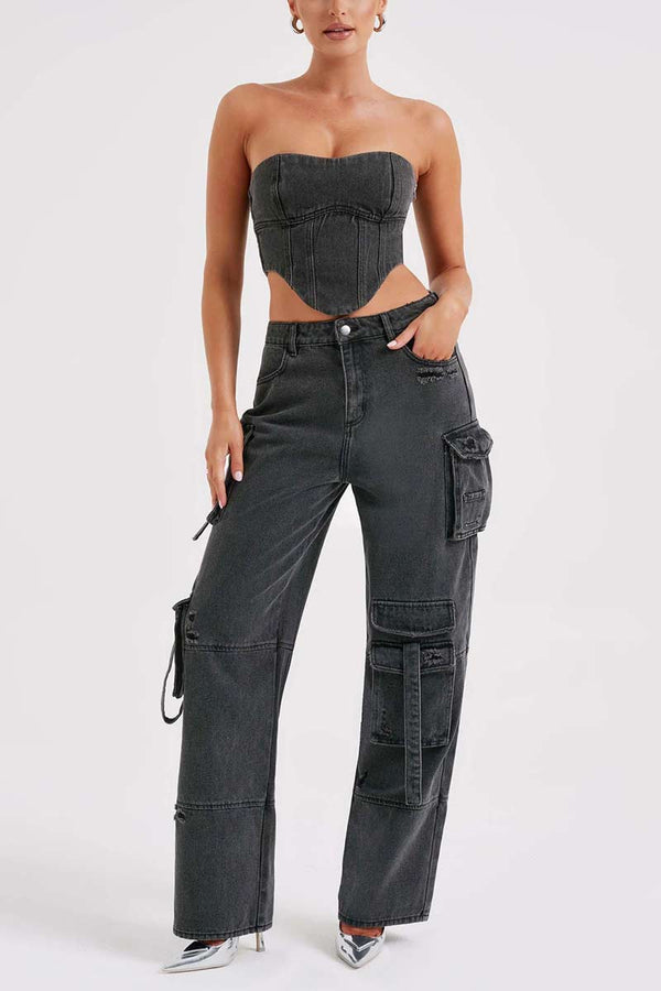 PI611 Denim Cargo Straight Leg Pants