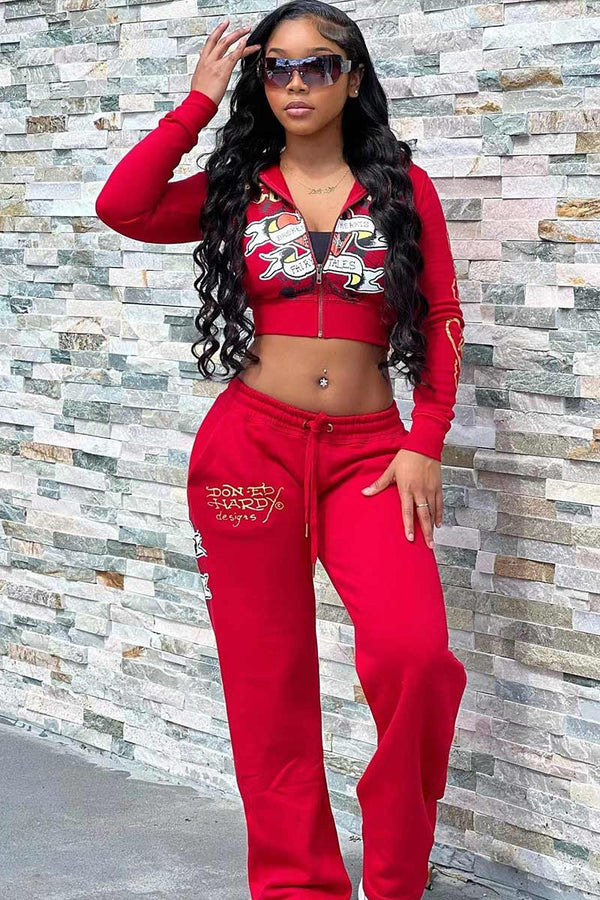 UI627 Graphic Crop Jacket Top and Pants Set