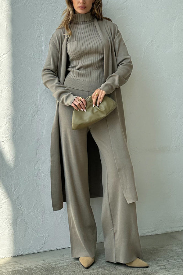 UI676 Rib Knit Top with Cardigan and Pants Set