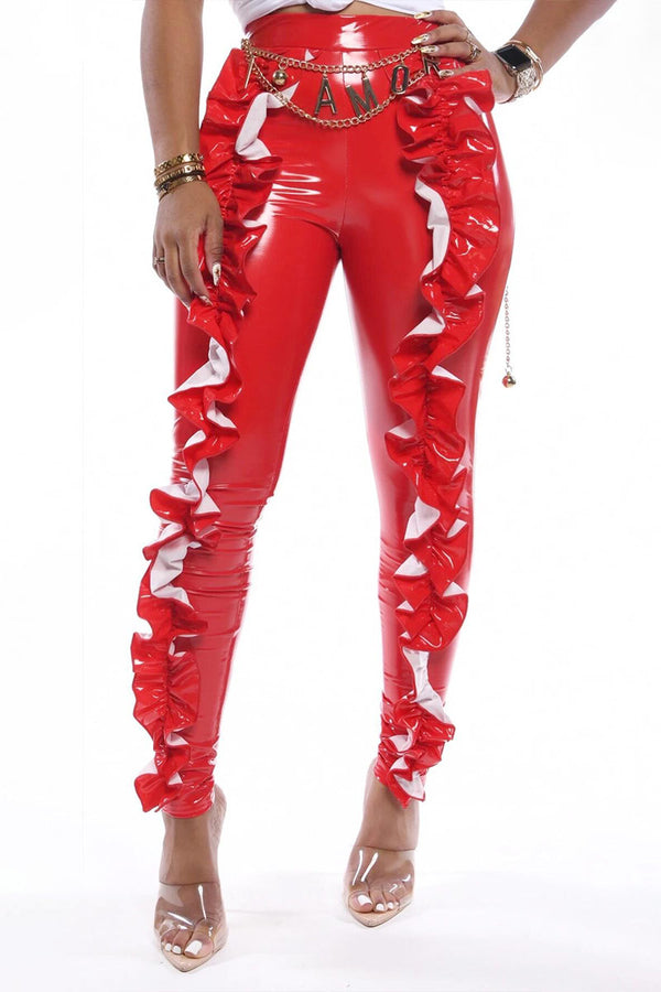 PI756 Faux Leather Ruffle Leggings Pants