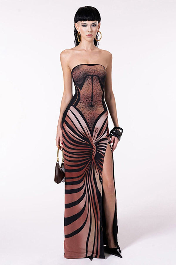 BI0395 Graphic Strapless Long Dress