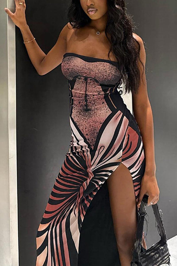 BI793 Strapless Graphic Maxi Dress