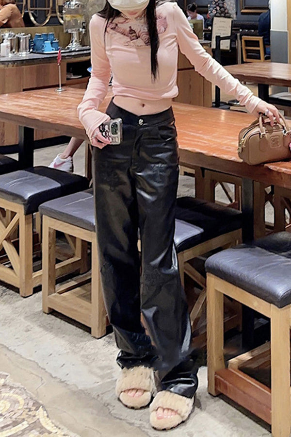 PI912 Faux Leather Straight Pants