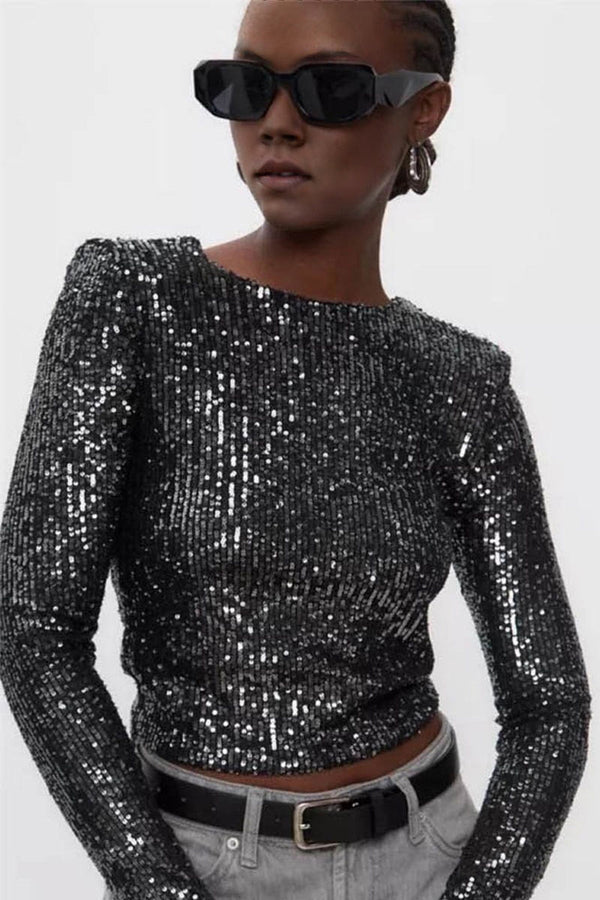 TJ0479 Sequins Crop Shirt