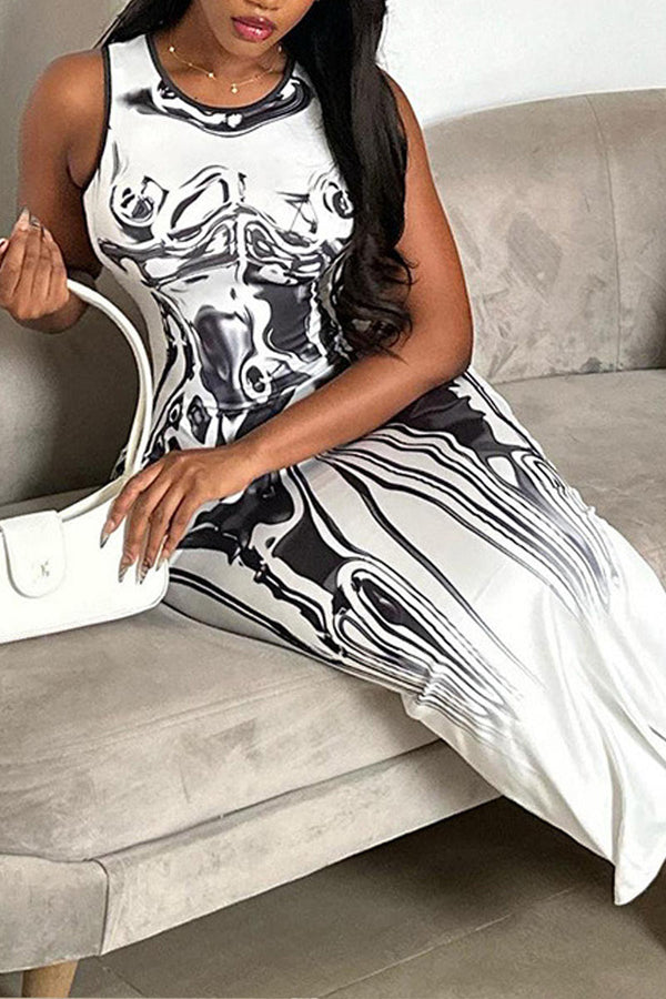 BK630 Printed Sleeveless Bodycon Maxi Dress