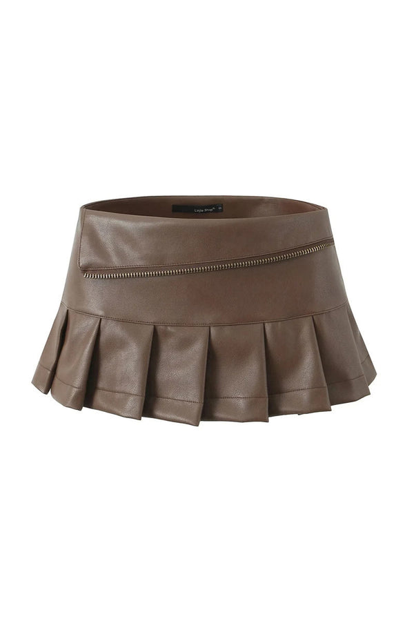 QK669 Zipper Faux Leather High Waist Pleated Skirt