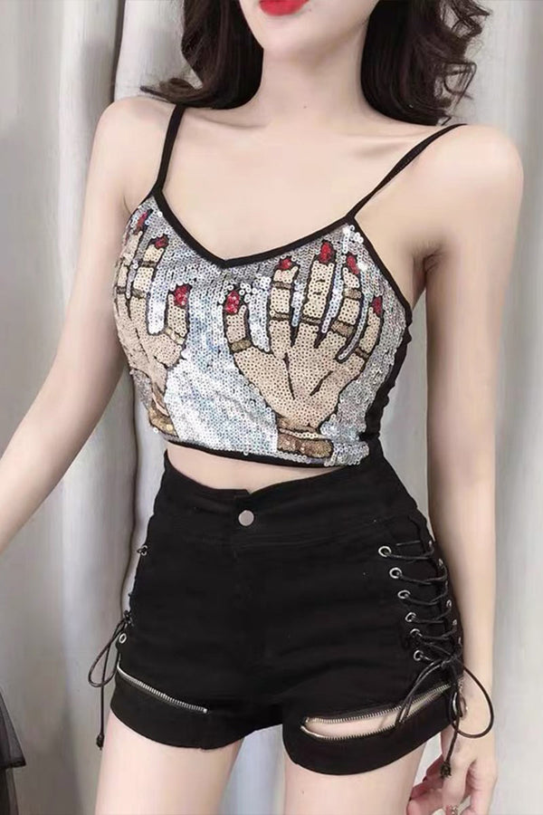 TK664 Embroidery Sparkling Spaghetti Straps Top