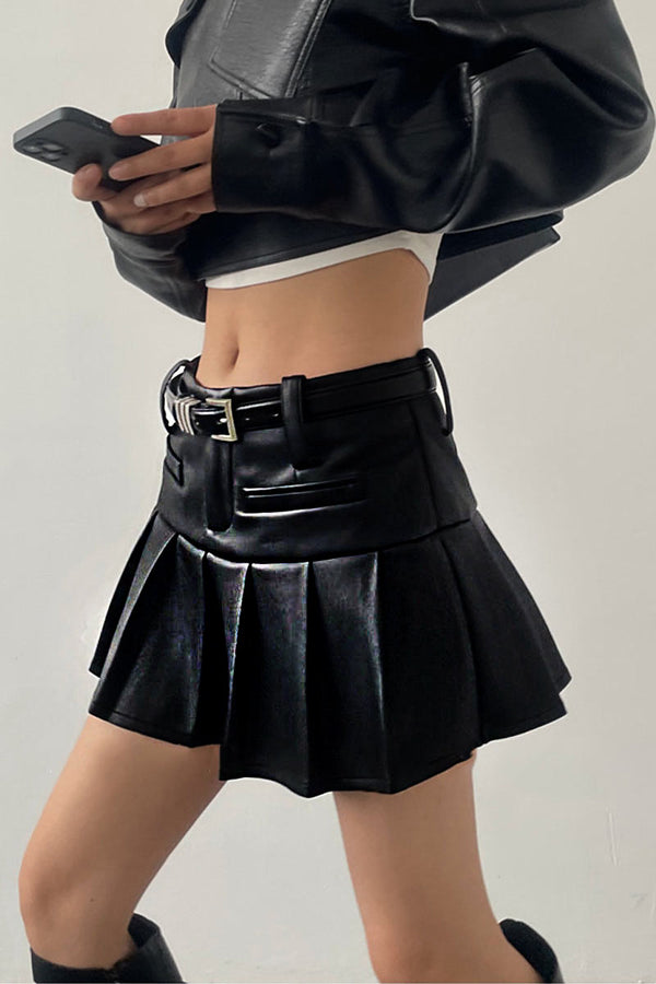 QK0556 Vegan Leather Pleated Skirt