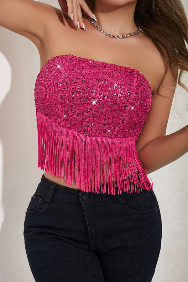 TK693 Sequin Fringe Back Strap Corset Tank Top