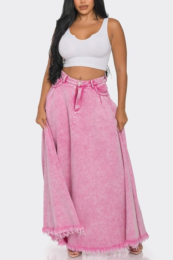 QK0661 Pink Denim Long Skirt