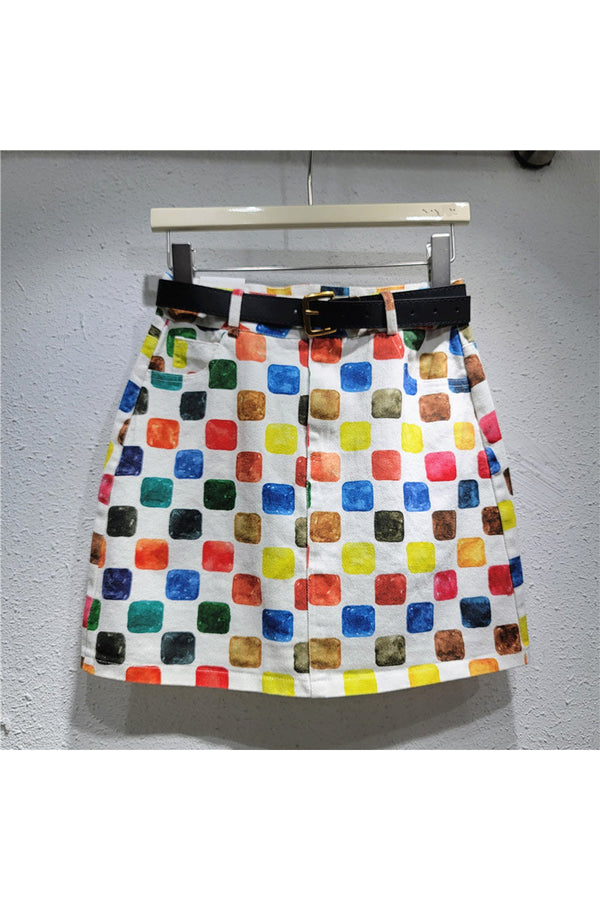 QM0187 Checker Denim Skirt