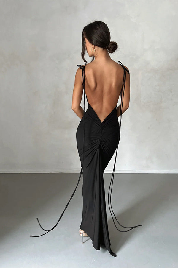 BNY4016 Lace-Up Backless Maxi Dress