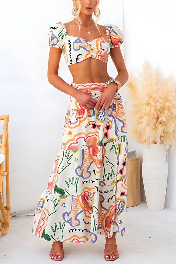 UNF4161 Printed Puff Sleeves Top & Skirt Set