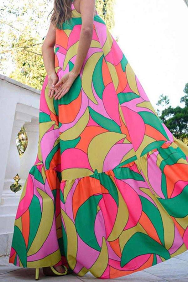 HBO1009 Printed Multicolor Sleeveless Maxi Dress