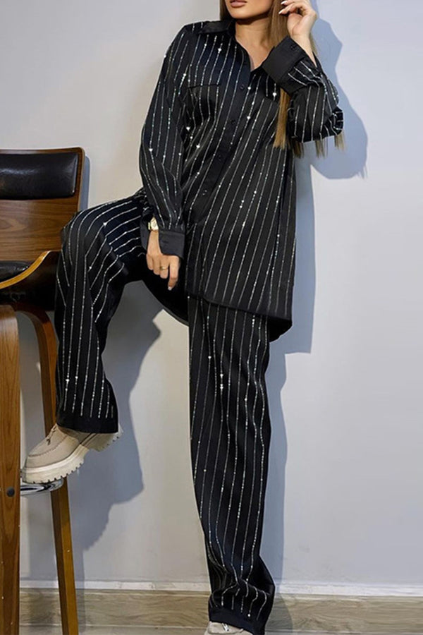 HUP1213 Sequin Stripes Top & Pants Set